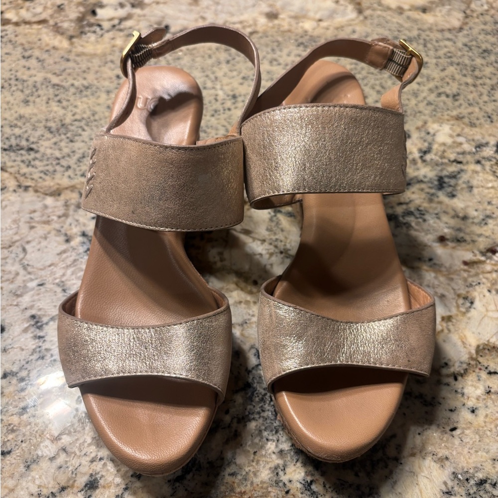 UGG Metallic Bronze Two-Strap Wedge Sandals